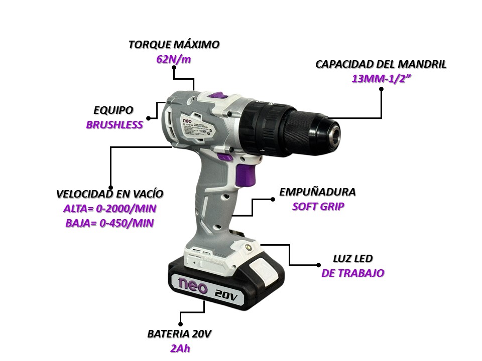 Taladro Percutor 13mm 20v Inalambrico Brushless 2 Bat. Sec - Imagen 2