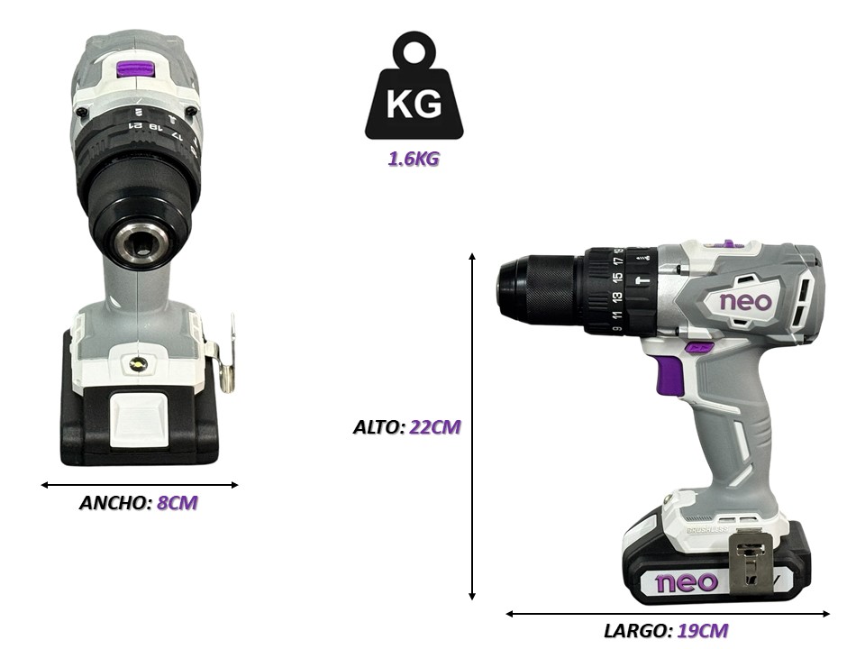 Taladro Percutor 13mm 20v Inalambrico Brushless 2 Bat. Sec - Imagen 3
