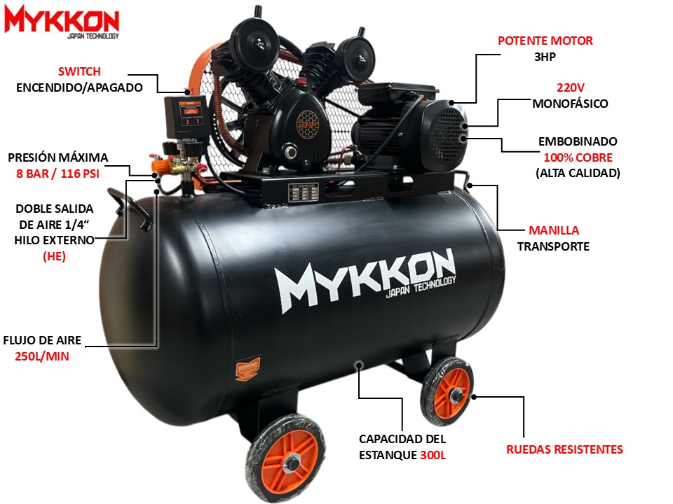 Compresor de Aire Industrial 200L 3HP Mykkon Japón - Imagen 2