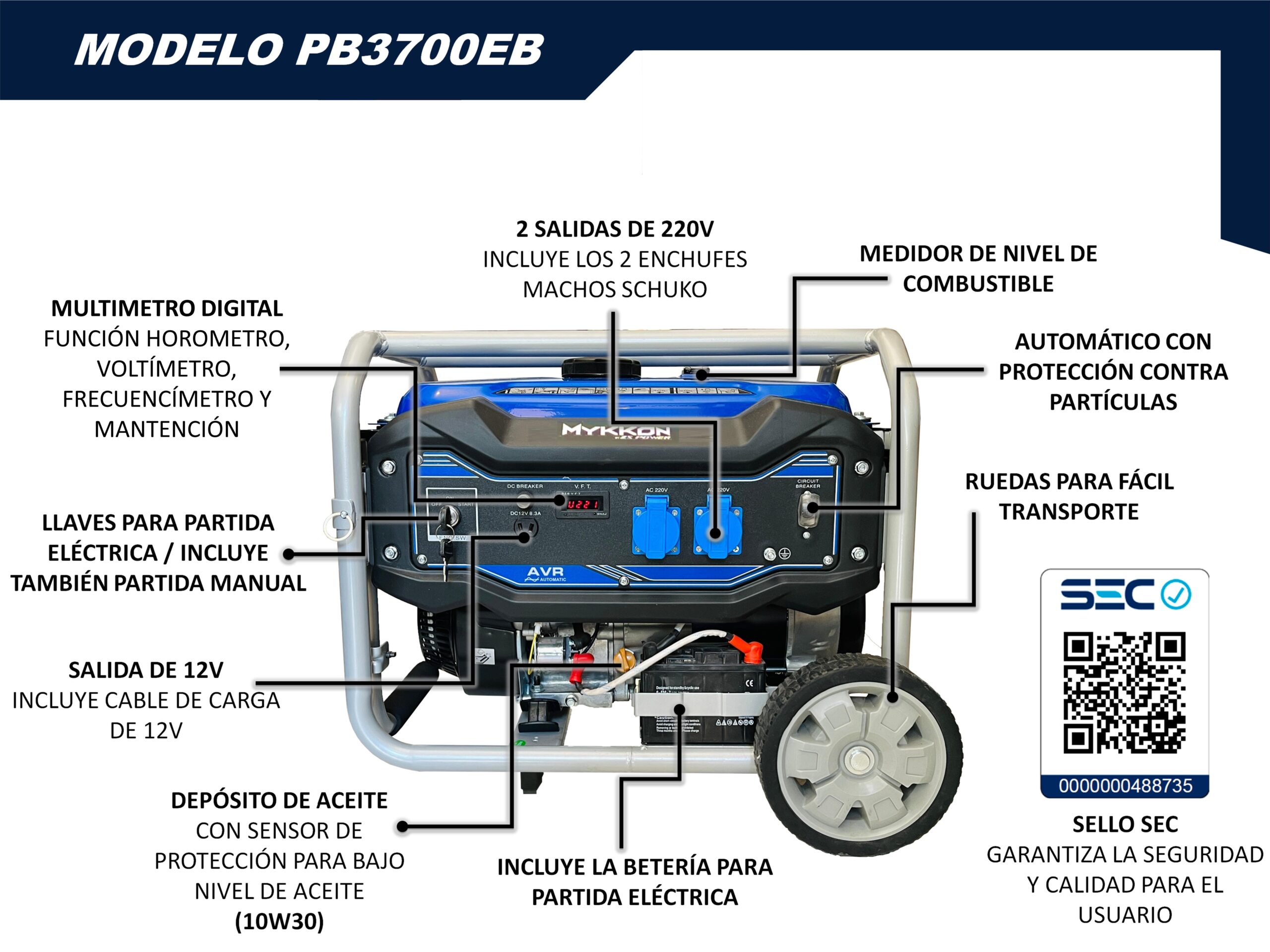 Generador Eléctrico 3300w Partida Elec Mykkon Lic Japon Sello Sec - Imagen 2