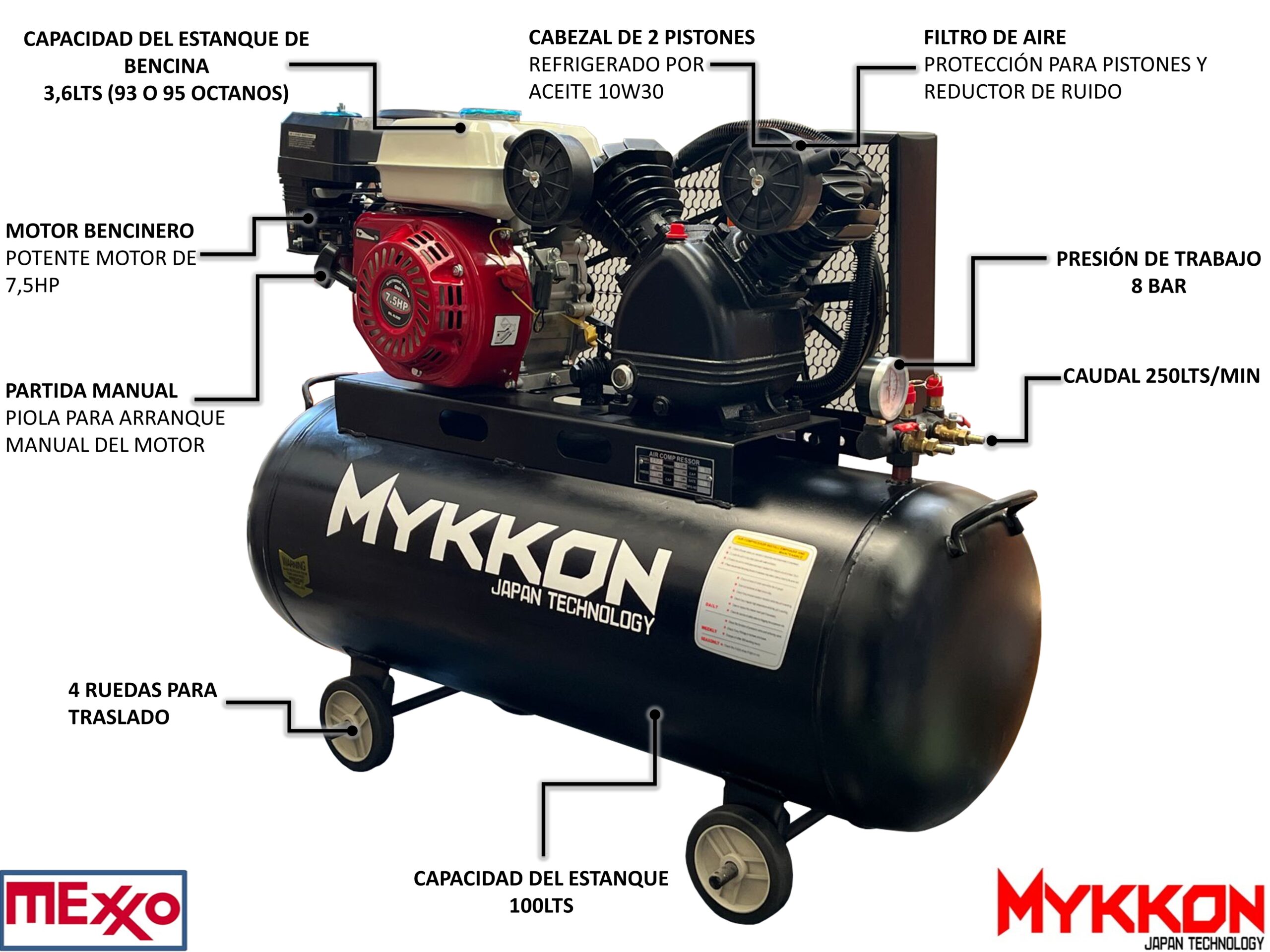 Compresor Autonomo 100l, Bencina 7,5 Hp Mykkon Japon - Imagen 2