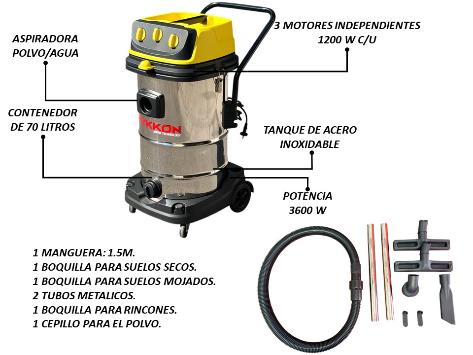 Aspiradora Industrial 70l 3 Motores 3600w Polvo/agua Lic Jap - Imagen 2